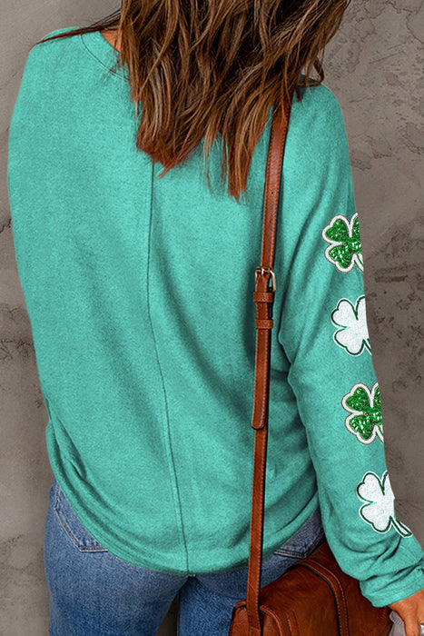 Black Sequin St Patrick Clover Patched Graphic Long Sleeve Tee