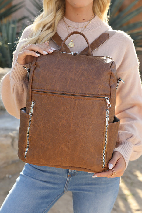 Chestnut Vintage Leather Large Zipper Backpack