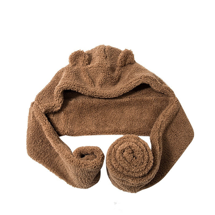 Cute Bear Hat Scarf Integrated Women's Autumn And Winter Plush Thickened Hat Scarf Integrated Three-piece Suit