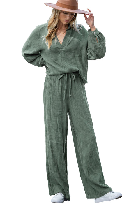 Mist Green Crinkle Split Neck Top Loose Drawstring Pants Set