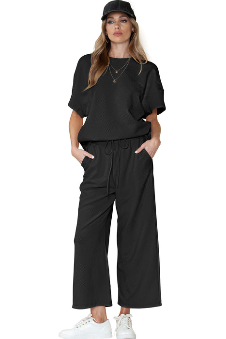 Black Textured Loose Fit T Shirt and Drawstring Pants Set