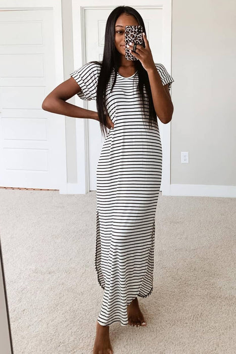 Black Striped Print Side Split Short Sleeve V Neck Maxi Dress