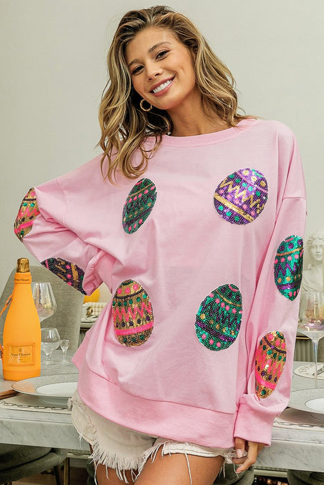 Pink Easter Sequin Egg Print Drop Shoulder Graphic Oversized Sweatshirt