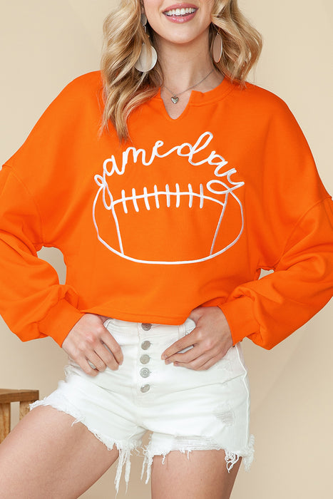 Orange Game Day Lettering Rugby Notched Neck Cropped Sweatshirt