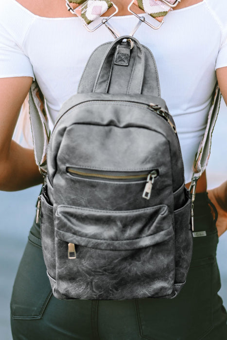 Gray Double Zipper Geometric Straps Faux Leather Backpack