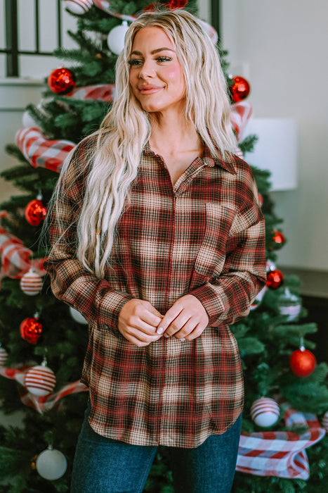 Fiery Red Plaid Print Chest Pocket Zip Up Shirt