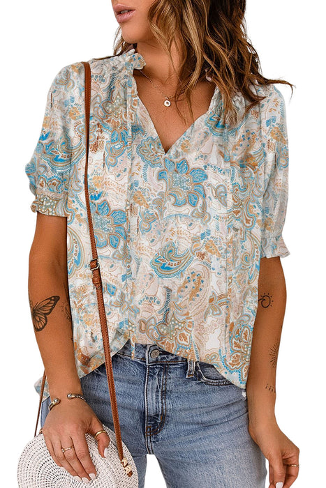 Light Blue Paisley Print Boho Top Tie Neck Puff Sleeve Peasant Blouse