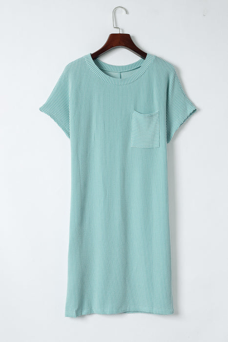 Blue Ribbed Chest Pocket Casual T Shirt Dress