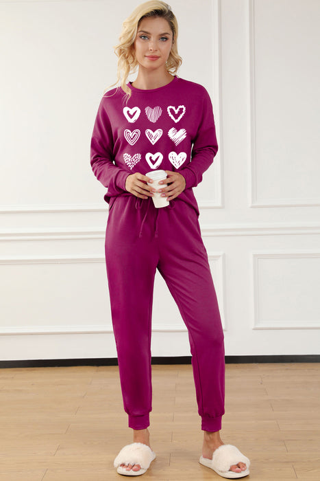 Red Heart Graphic Pullover and Drawstring Pants Pajama Set