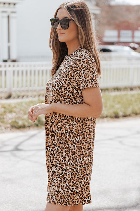 Casual Short Sleeve A-Line Crewneck Leopard Print Dress