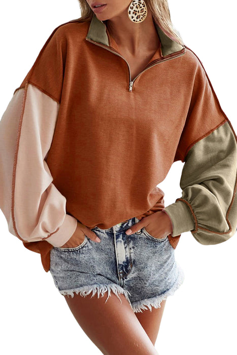 Khaki Patchwork Bishop Sleeve Zip Neck Sweatshirt