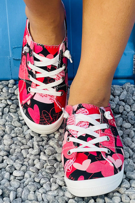 Fiery Red Valentine Heart Shaped Print Slip On Canvas Shoes