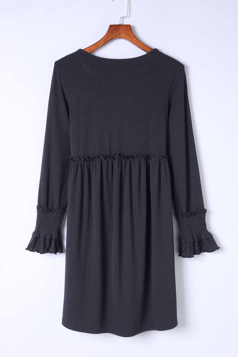 Dark Grey Button Front Long Sleeve Casual Tunic Dress