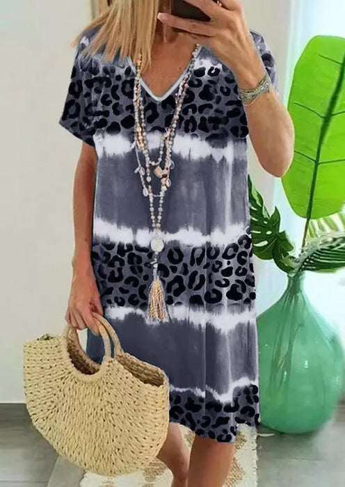 Rose Leopard Tie Dye Color Block V-Neck T-Shirt Dress