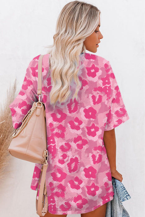 Pink Leopard Print Drop Sleeve Oversized T Shirt