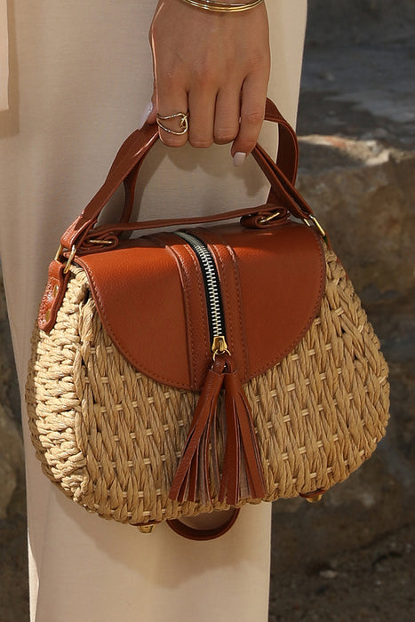 Light French Beige Bamboo Weaving Leather Flap Tassel Shoulder Bag