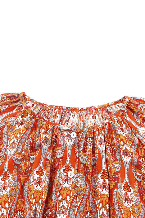 Orange Bohemian Floral Print Buttons Pleated Drawstring Short Dress