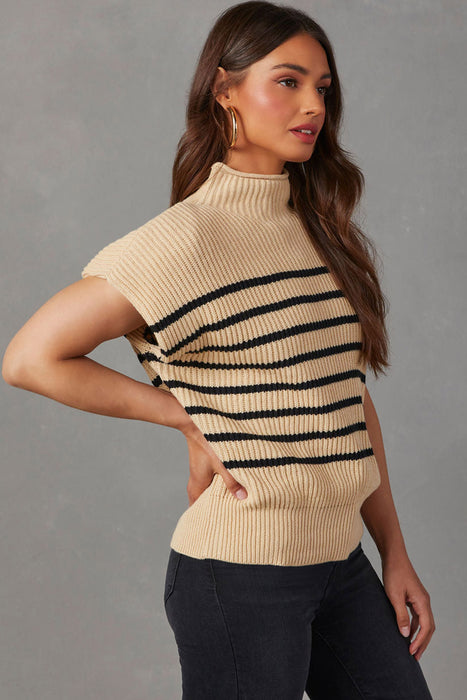 Parchment Striped Knit Mock Neck Short Sleeve Sweater