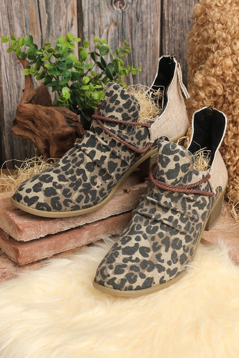 Leopard Retro Canvas Patchwork Chunky Heel Booties