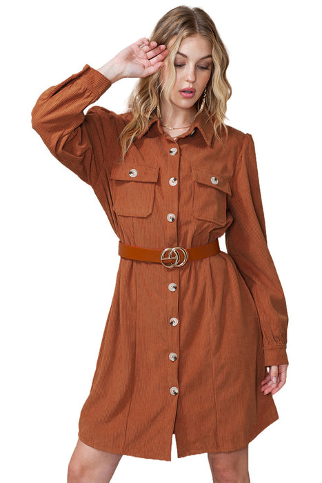 Khaki Flap Pockets Breasted Corduroy Shirt Short Dress