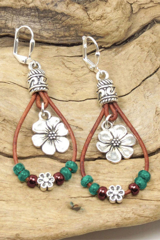 Silvery Leather Beaded Floral Dangle Earrings