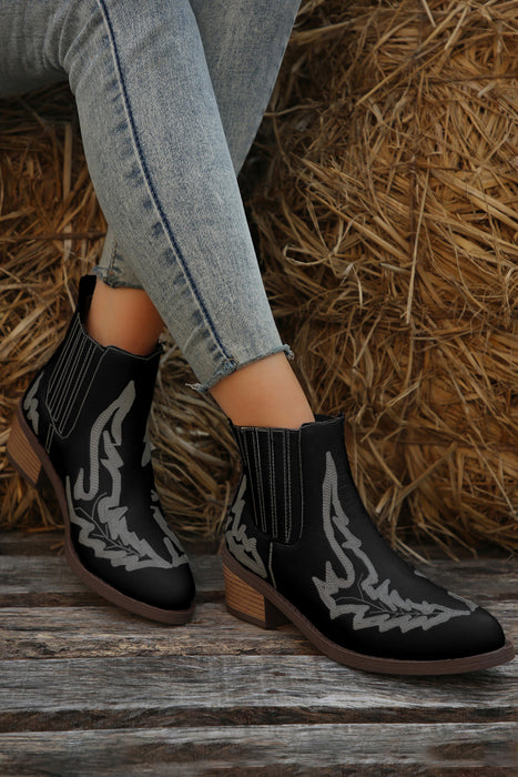 White Embroidered Leather Thick Heel Booties