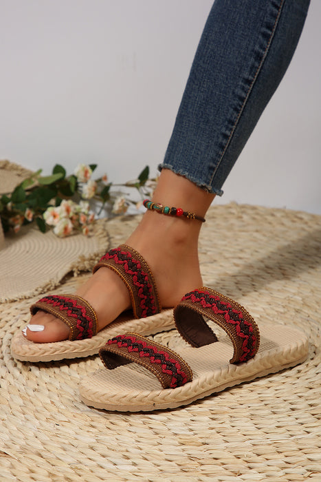 Fiery Red Woven Straps Slip On Flat Slippers