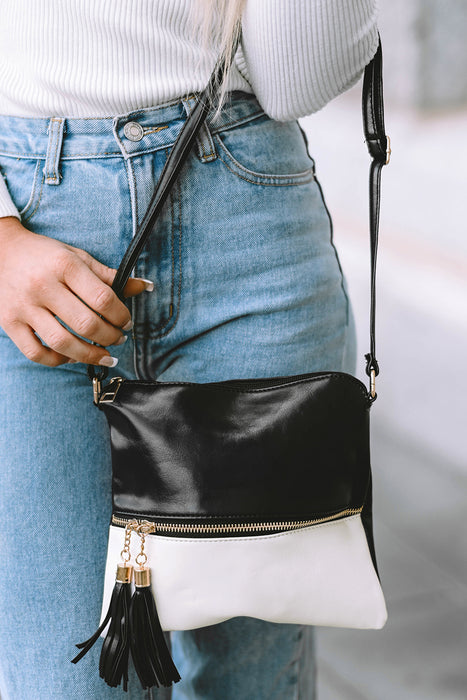 Black Tasseled Decor Color Block Pleathered Shoulder Bag