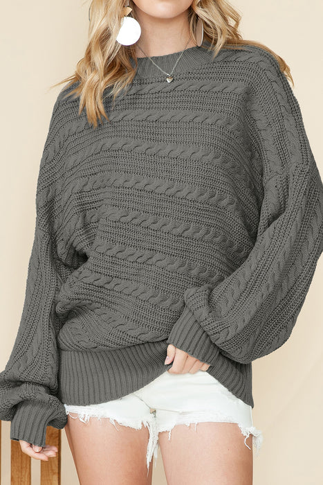 Gray Mock Neck Lantern Sleeve Cable Knit Sweater