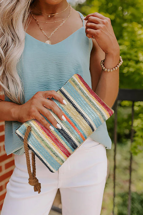 Multicolor Colorblock Zipper Woven Straw Bag