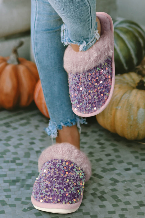 Tillandsia Purple Sequin Furry Edge Patchwork Winter Slippers