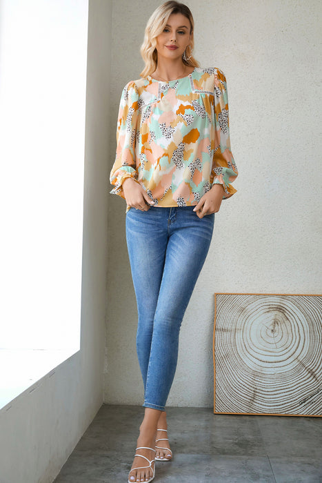 Multicolor Abstract Bohemian Puff Sleeve Blouse