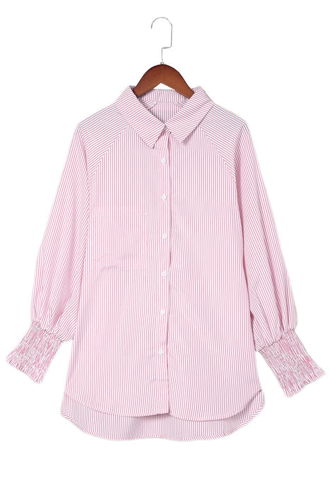 Black Striped Casual Shirred Cuffs Shirt