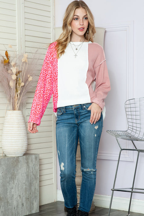 Pink and White Color Block Leopard Print Waffle Knit Long Sleeve Top