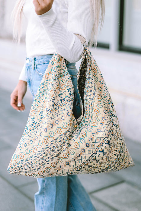 White Geometric Print Canvas Triangle Tote Bag