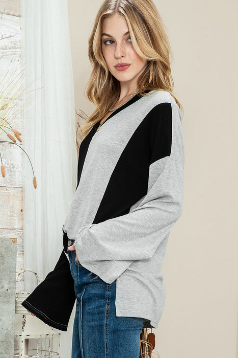 Black Color Block Ribbed Knit V Neck Pullover Long Sleeve Top