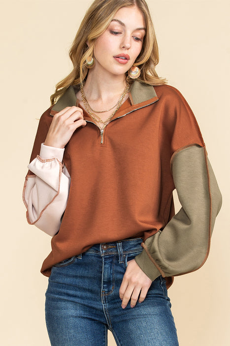 Khaki Patchwork Bishop Sleeve Zip Neck Sweatshirt