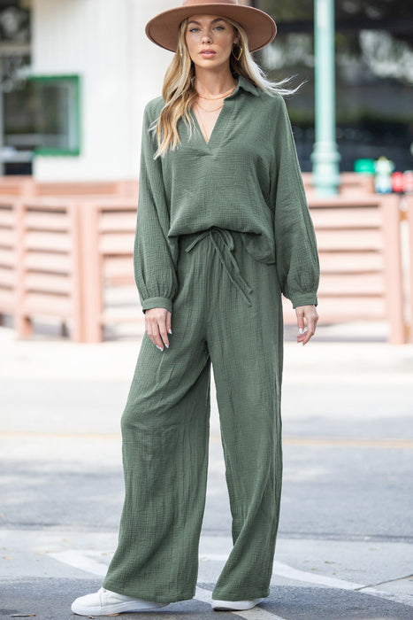 Mist Green Crinkle Split Neck Top Loose Drawstring Pants Set