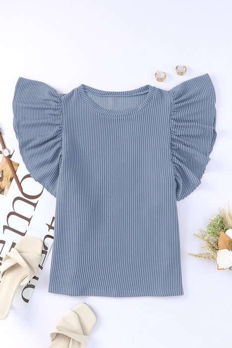 Blue Textured Butterfly Sleeve Casual Blouse for Women