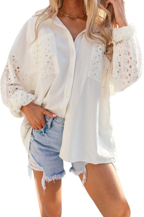 White Lace Patch Chest Pocket Button-Up Shirt