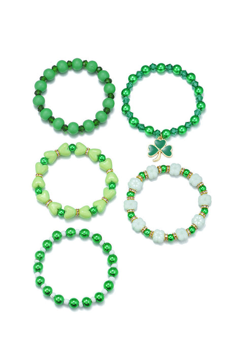 Green 5pcs Clover Pendant Beaded Bracelet Set