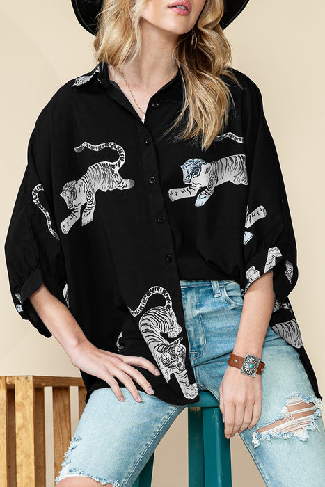 Black Animal Print Button Up Loose Fit Shirt