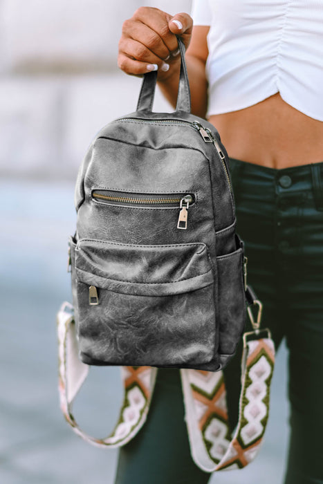 Gray Double Zipper Geometric Straps Faux Leather Backpack