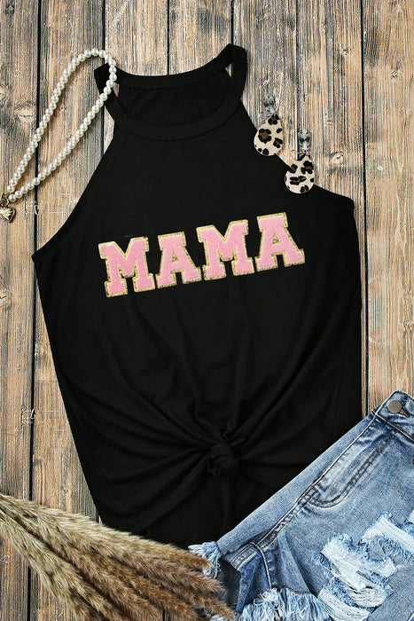 Black MAMA Graphic Chenille Patched O Neck Tank Top