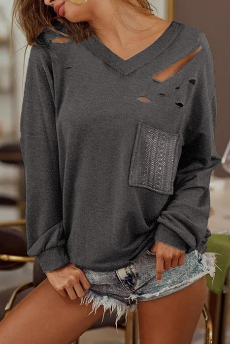 Grey Patch Pocket Distressed Long Sleeve V Neck Top