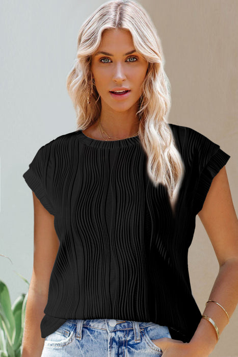 Black Solid Color Wavy Textured Cap Sleeve Top