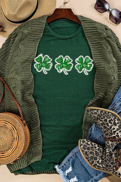 Green St Patrick Clover Patch Sequin Graphic T Shirt