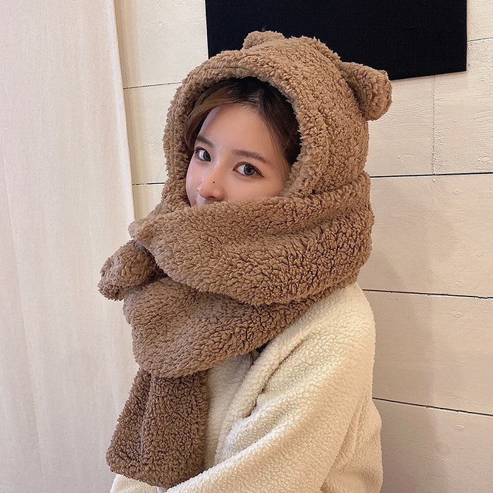 Cute Bear Hat Scarf Integrated Women's Autumn And Winter Plush Thickened Hat Scarf Integrated Three-piece Suit