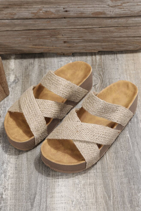 Beige Woven Criss Cross Strap Platform Slip-on Sandals