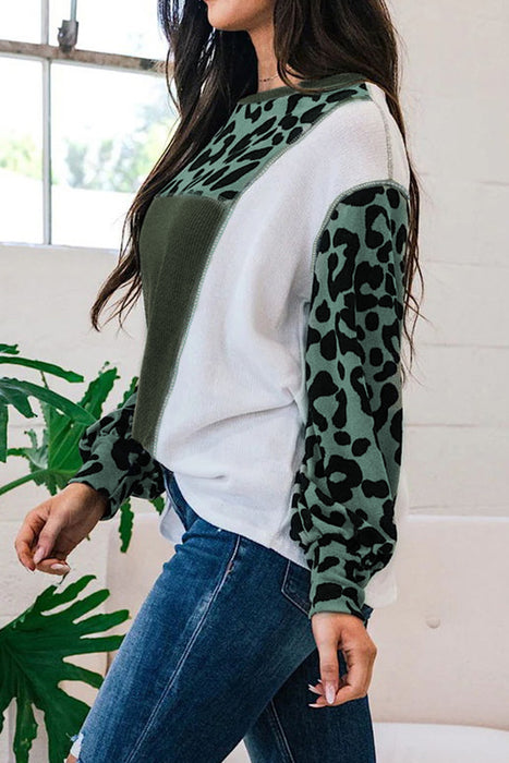 White Leopard Colorblock Waffle Knit Patchwork Top